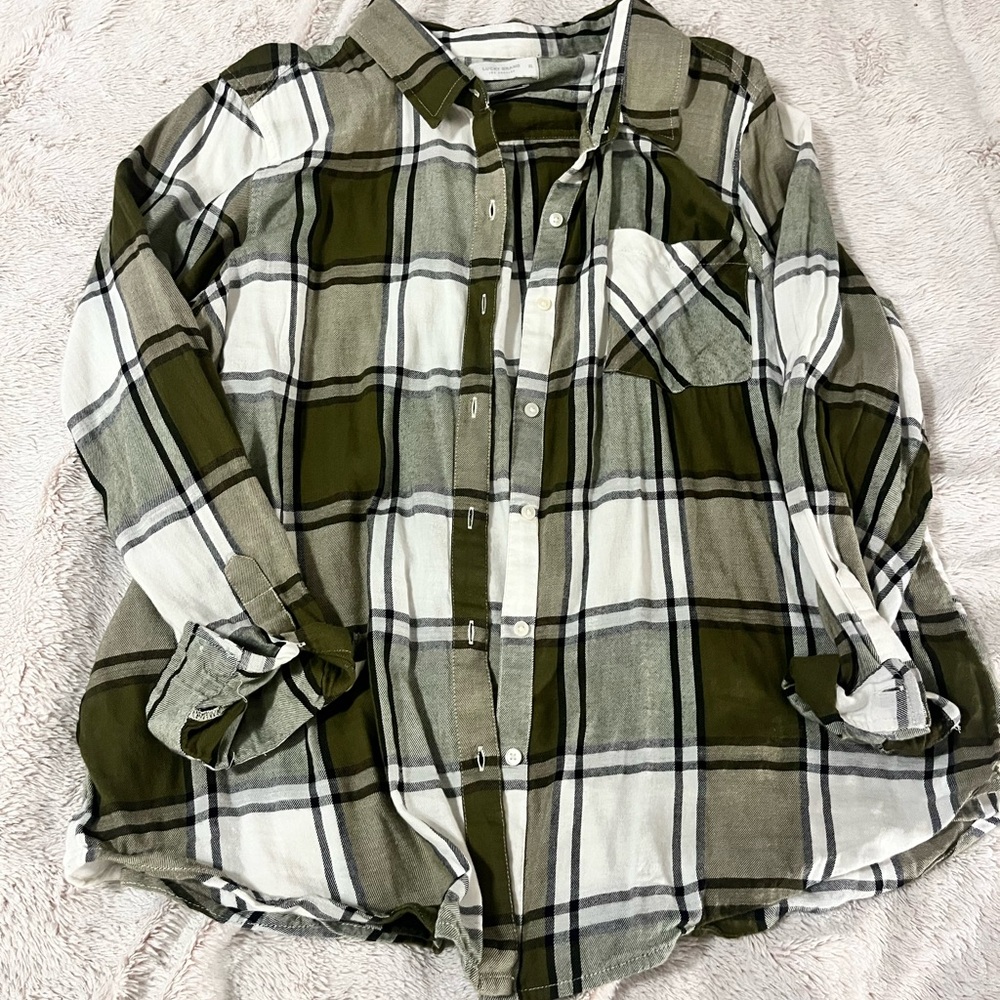 XL Lucky Brand Olive/White Plaid Shirt